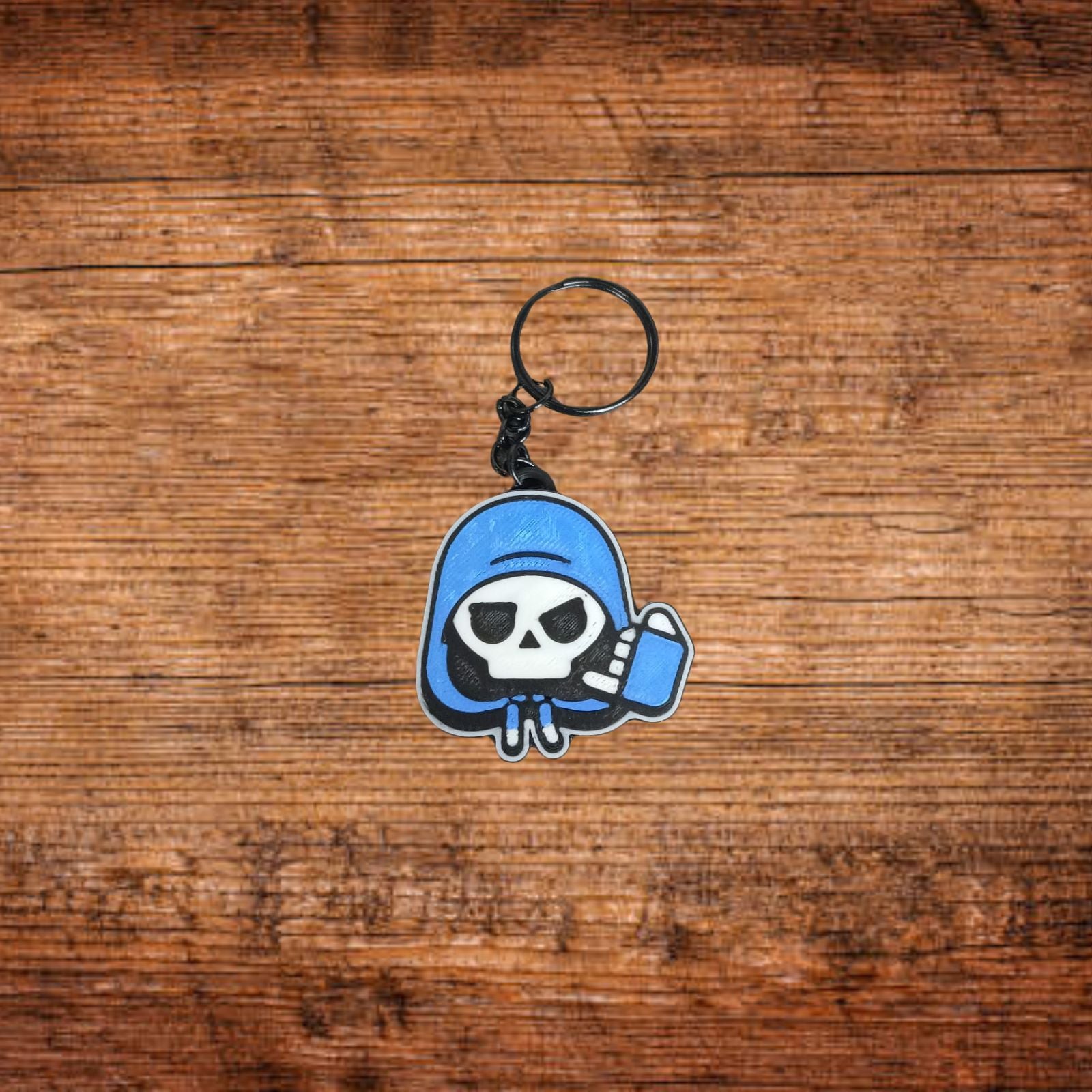 Schlüsselanhänger Totenkopf-Hoodie blau mit Schlüsselring und Kette