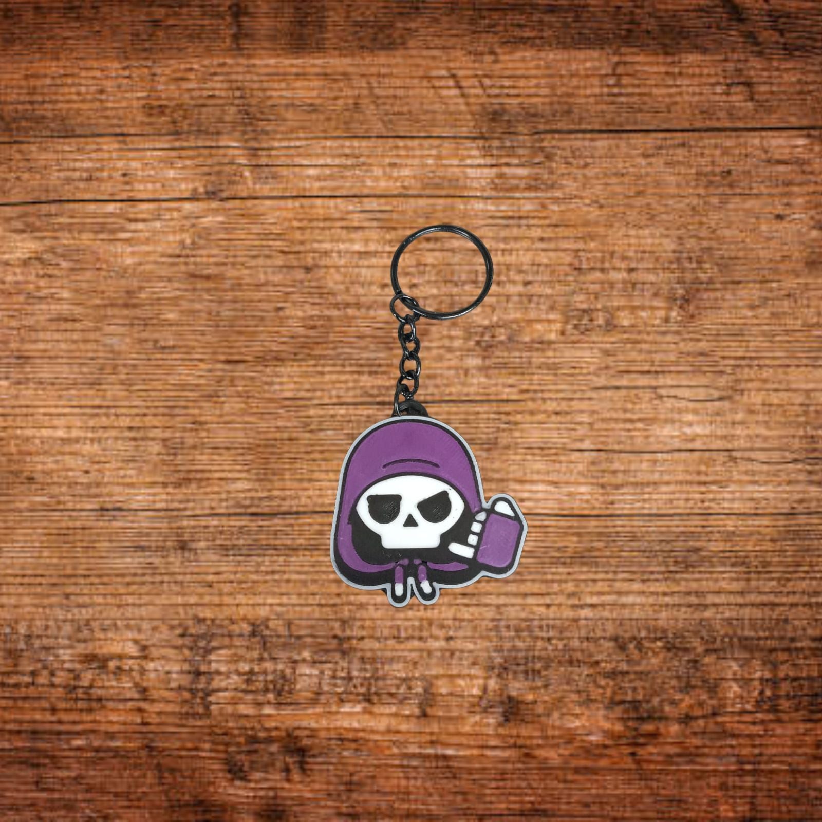 Schlüsselanhänger Totenkopf-Hoodie lila mit Schlüsselring und Kette