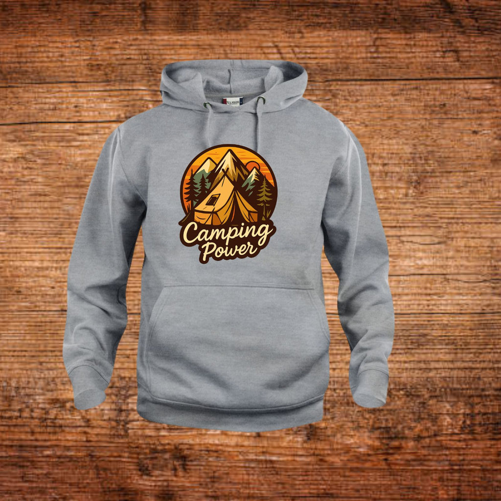 Hellgrauer Hoodie mit Kapuze, Kängurutasche und Camping-Power-Logo-Frontprint