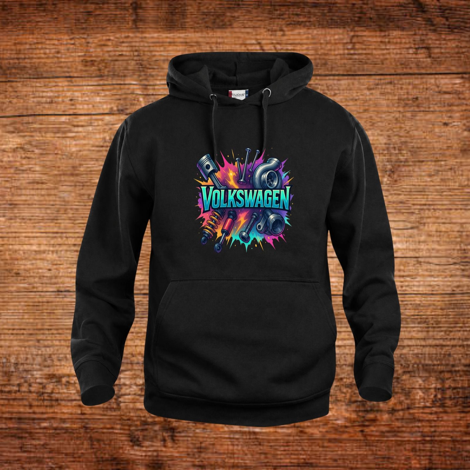 Schwarzer Kapuzenpullover mit Volkswagen-Logo-Frontprint und Kängurutasche