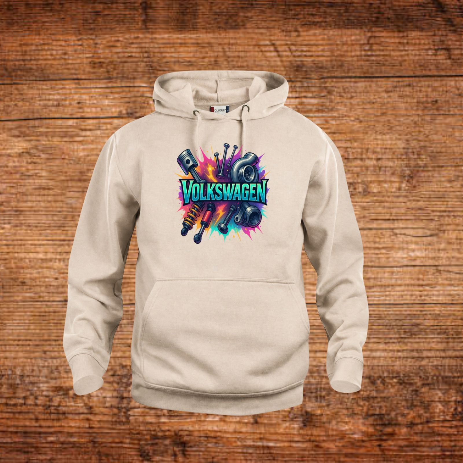 Beiger Kapuzenpullover mit Volkswagen-Logo-Frontprint und Kängurutasche