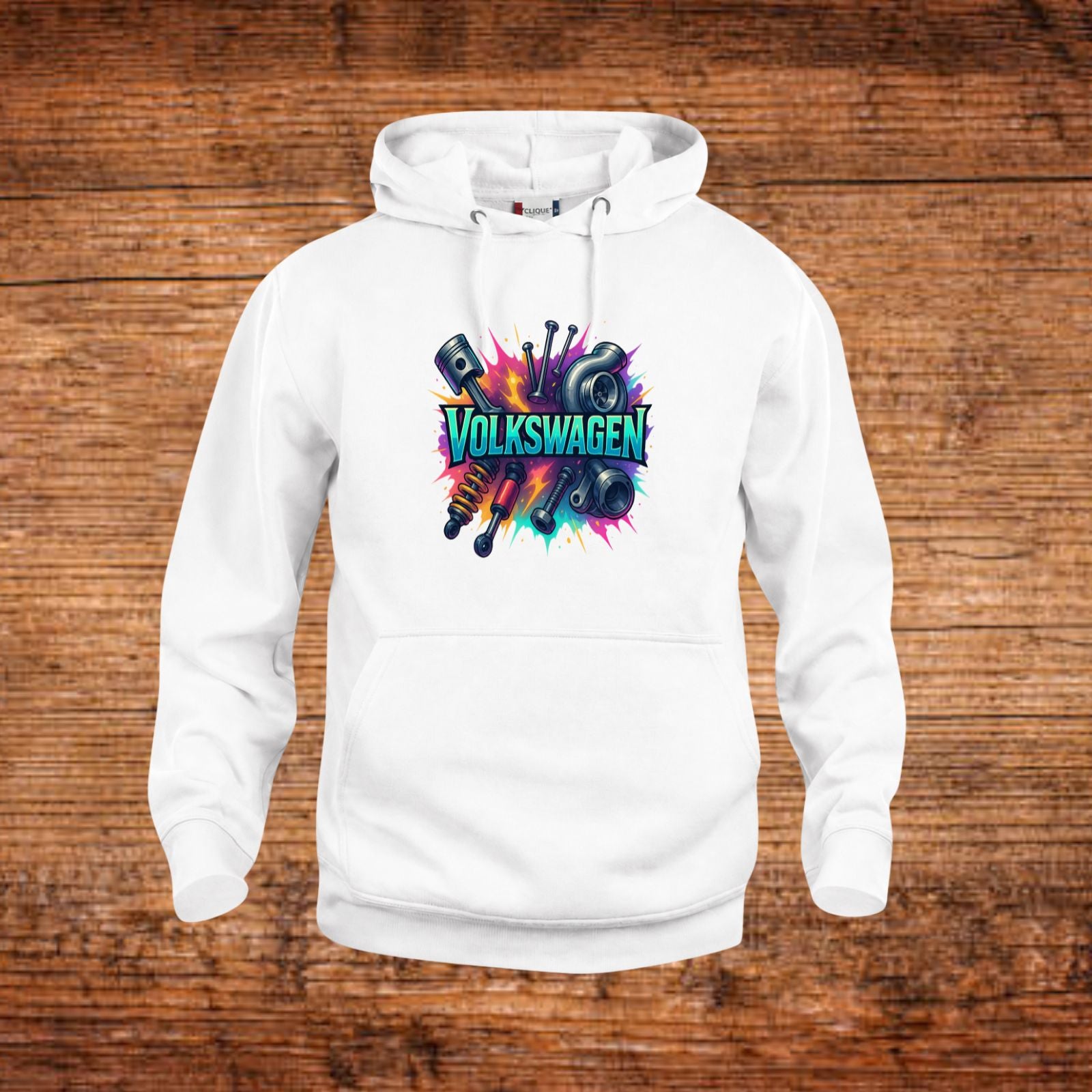 Weißer Kapuzenpullover mit Volkswagen-Logo-Frontprint und Kängurutasche