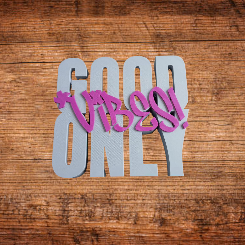 3D-Aufsteller „GOOD VIBES ONLY“, hellgraue Buchstaben mit magenta „VIBES“ und Sternen