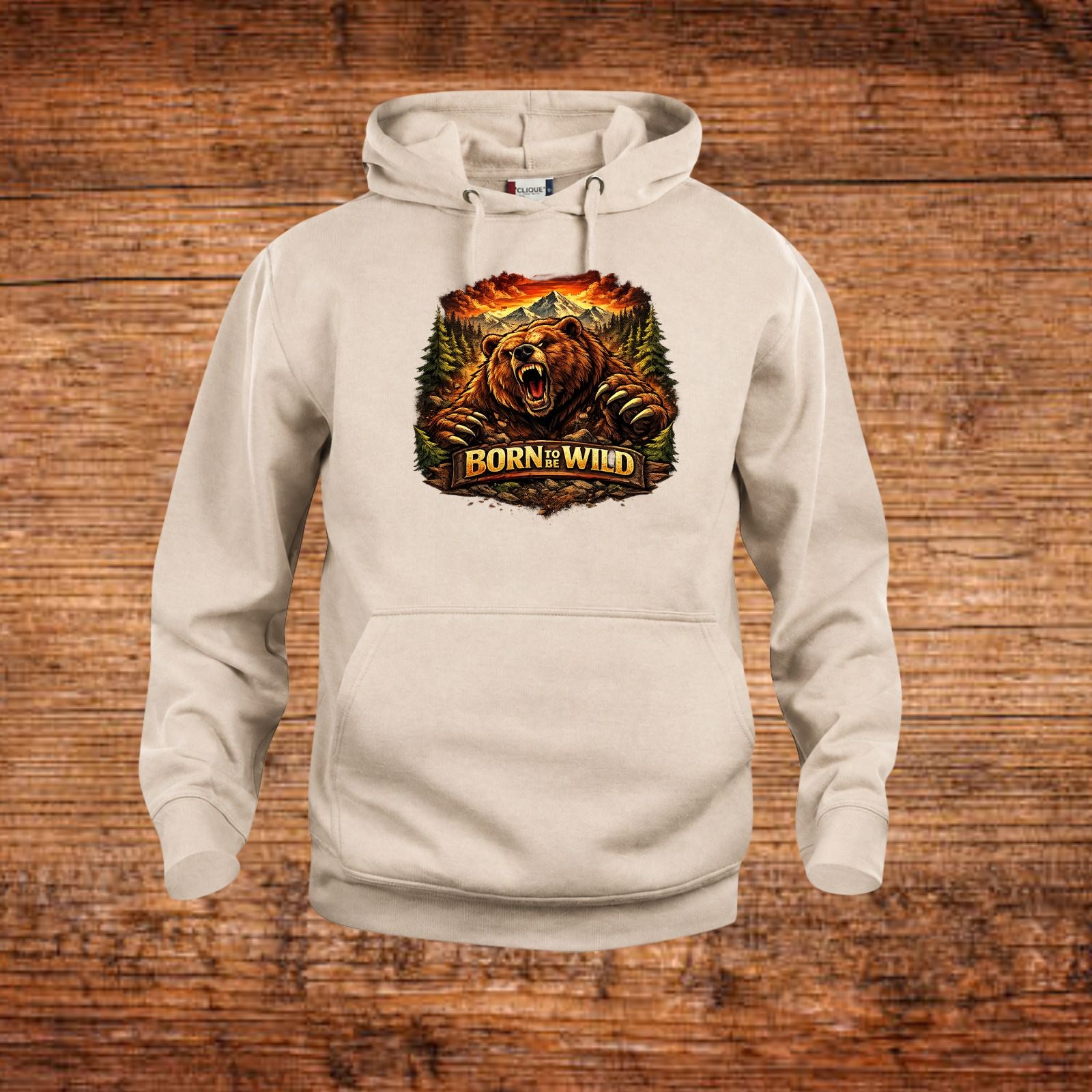 Hellbeiger Hoodie mit Bärenmotiv, Kapuze und Kängurutasche