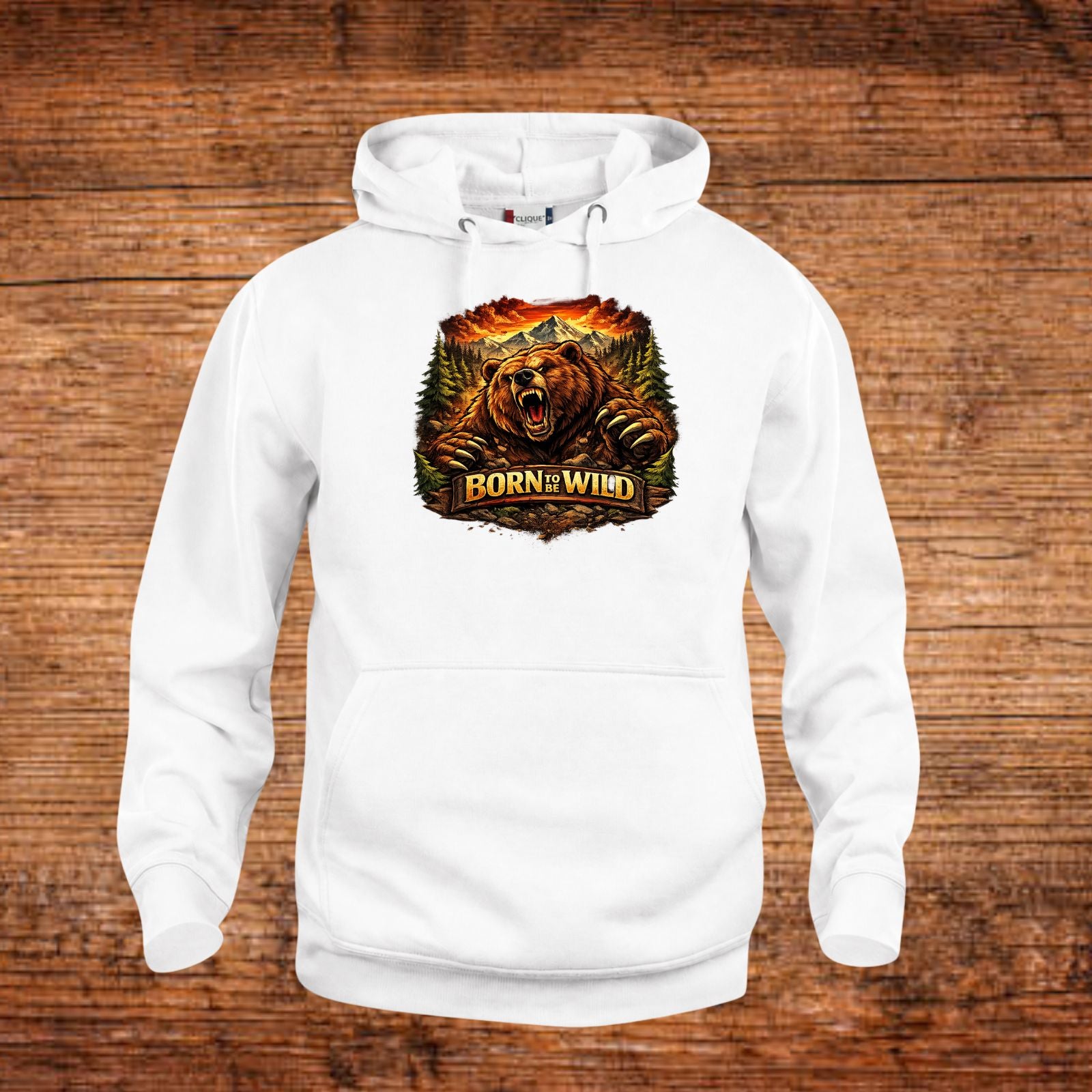 Weißer Hoodie mit Bärenmotiv vorne, Kapuze und Kängurutasche