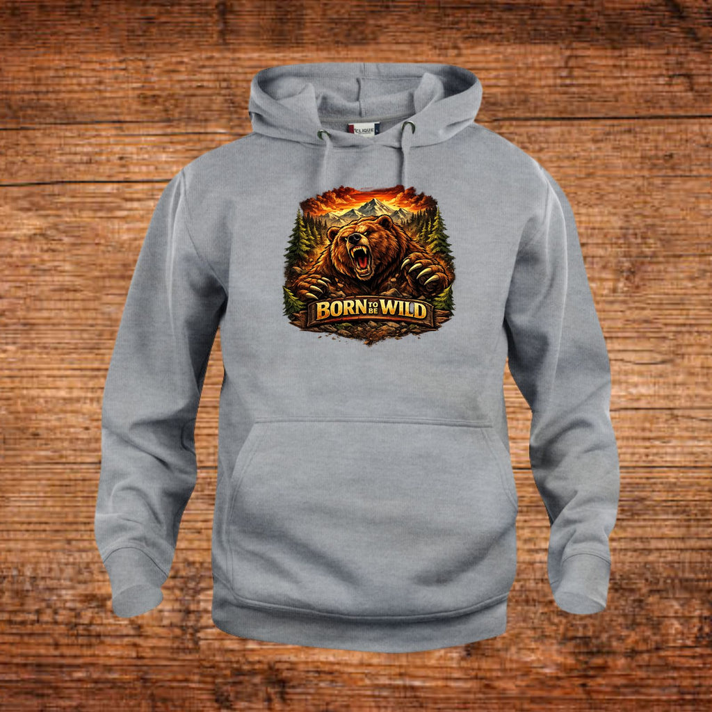 Hoodie in Hellgrau mit Bärenmotiv, Kapuze mit Kordeln, Kängurutasche