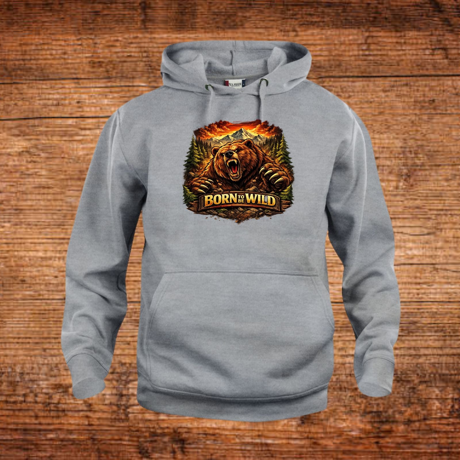 Hoodie in Hellgrau mit Bärenmotiv, Kapuze mit Kordeln, Kängurutasche