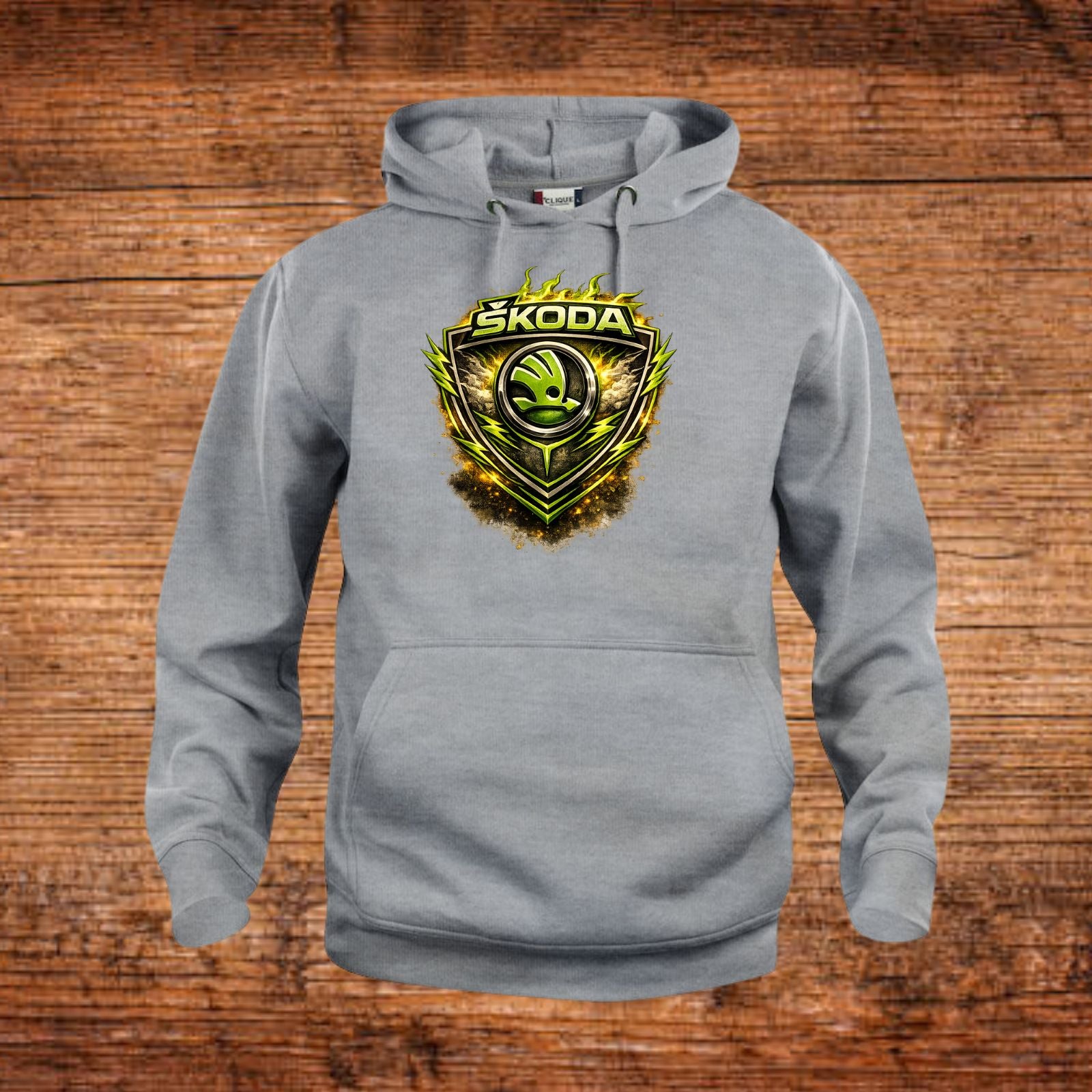 Hoodie Škoda, grau mit Kapuze und Kängurutasche, großes Brustlogo