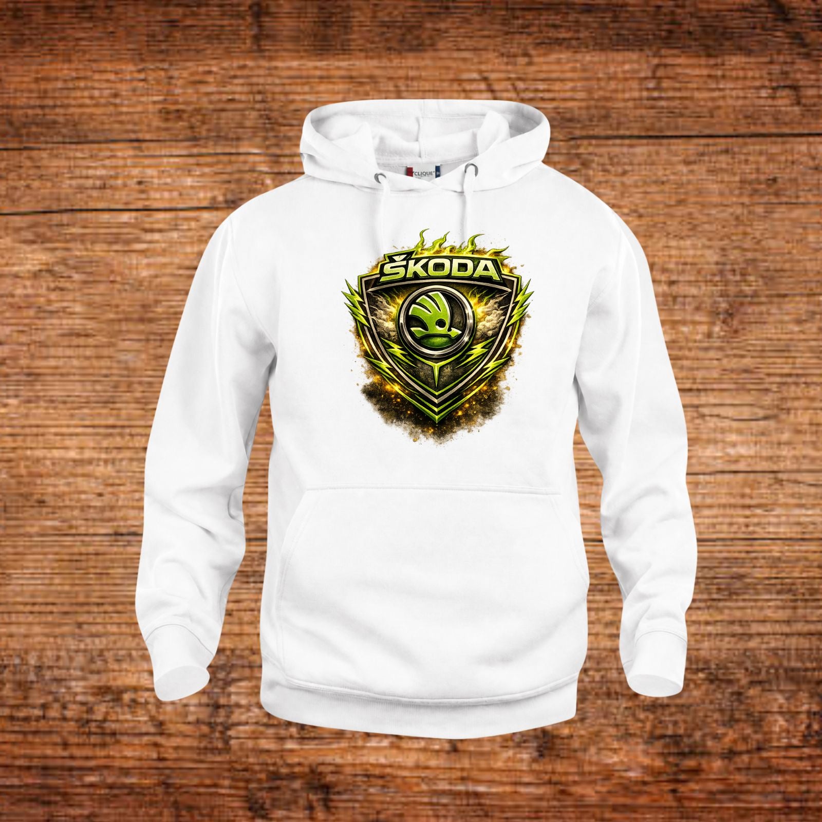 Weiße Hoodie mit Kapuze und Škoda-Logo vorne