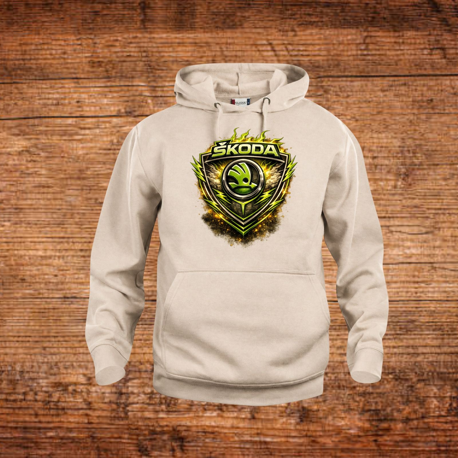 Beige Hoodie mit Kapuze und Škoda-Logo vorne