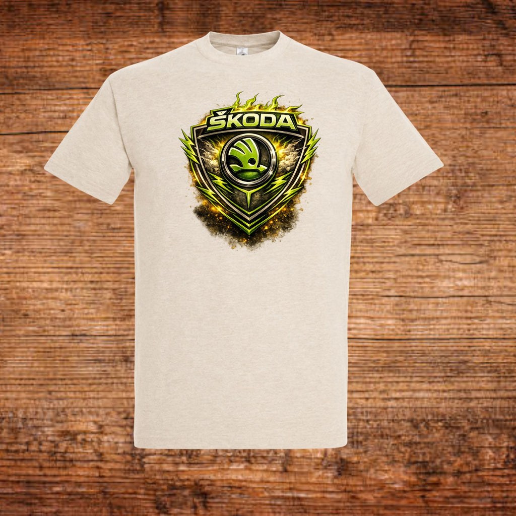 Škoda T-Shirt, beiges Kurzarmshirt mit großem Škoda-Emblem vorne