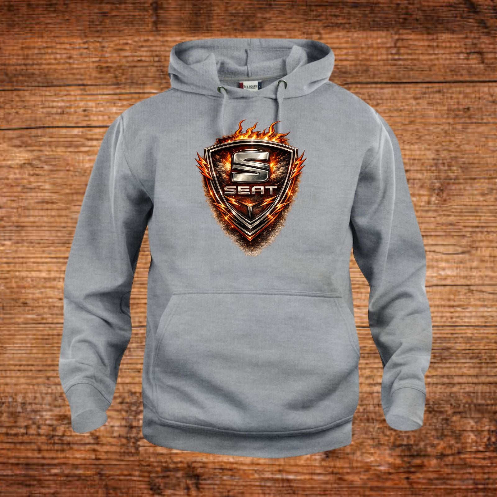 Grau melierter Hoodie mit Kapuze und Kängurutasche, großes SEAT-Emblem vorne