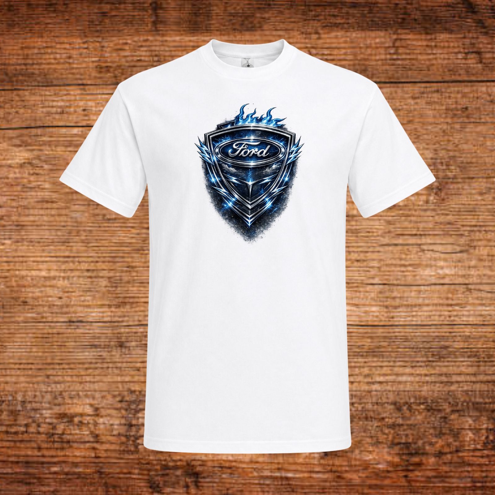 Weißes T-Shirt mit blauem Ford-Emblem auf der Brust