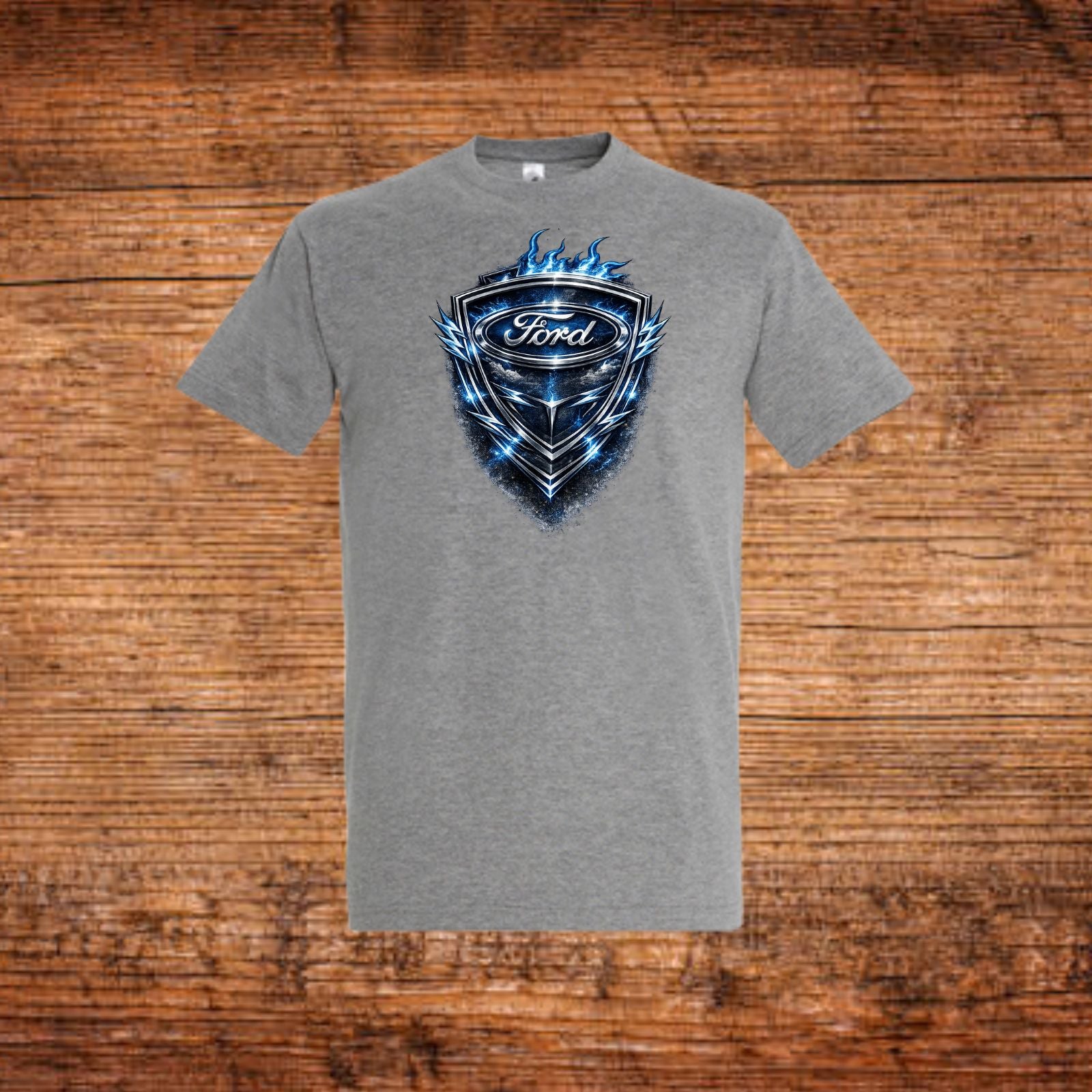 Graues T-Shirt mit blauem Ford-Emblem auf der Brust