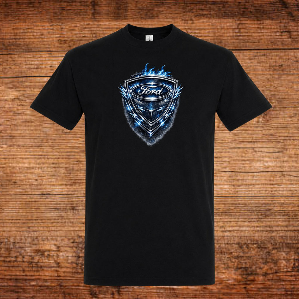 Schwarzes T-Shirt mit Ford-Wappen-Grafik und blauem Flammenmotiv