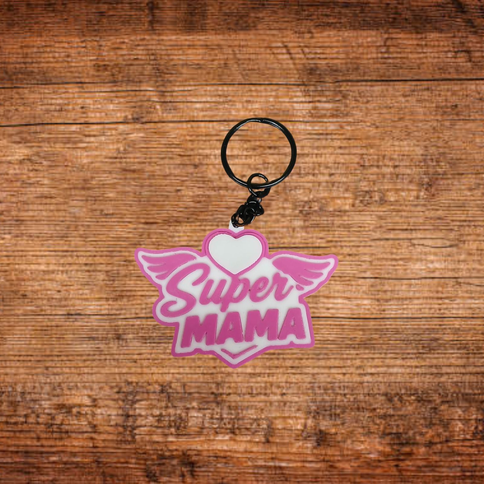 Schlüsselanhänger mit Herz und Flügeln, Motiv „Super MAMA“, rosa Anhänger
