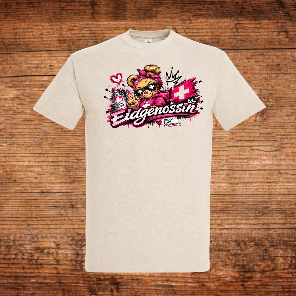 Beiges T-Shirt mit rundem Halsausschnitt und buntem Comic-Print