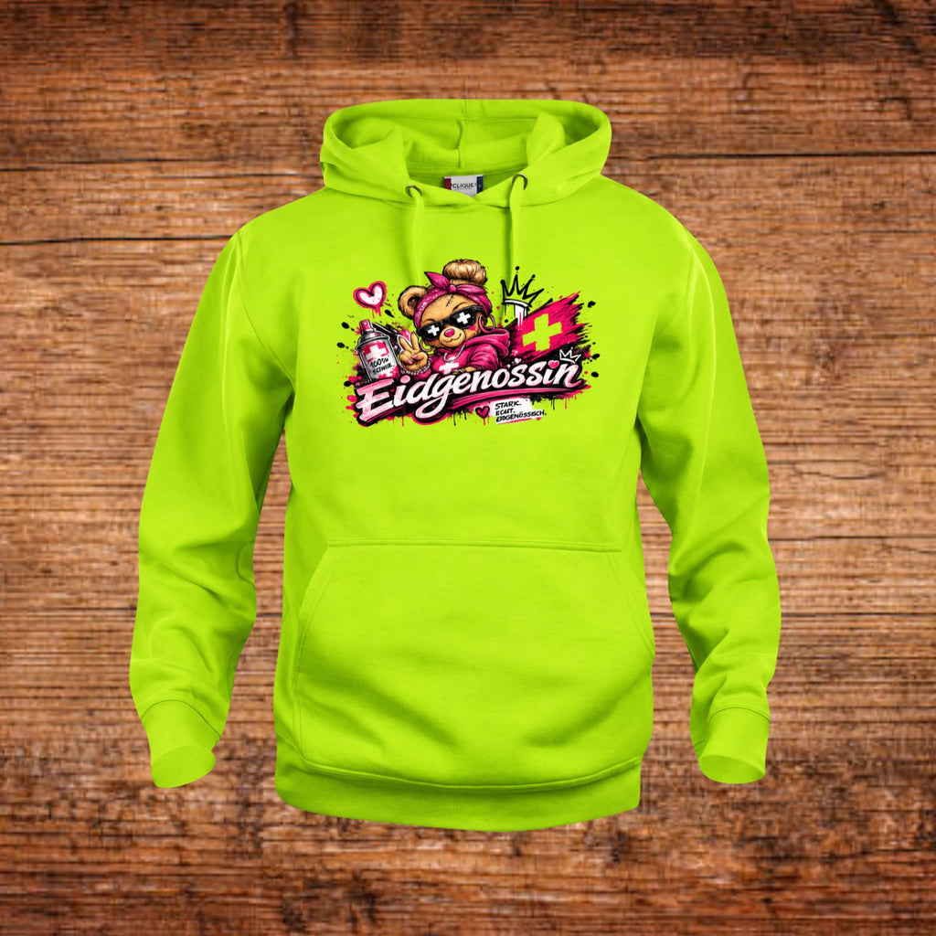 Eidgenossin-Hoodie in grellem Grün mit Kapuze, Kordeln und Frontprint