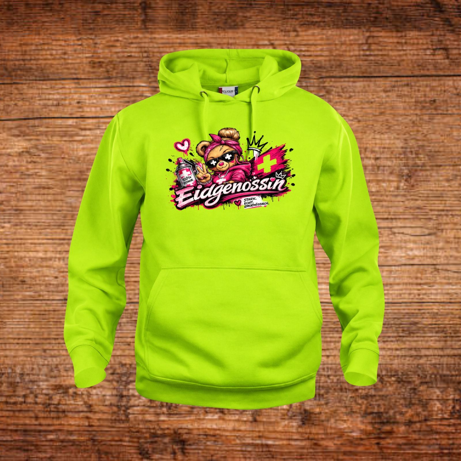 Eidgenossin-Hoodie in grellem Grün mit Kapuze, Kordeln und Frontprint