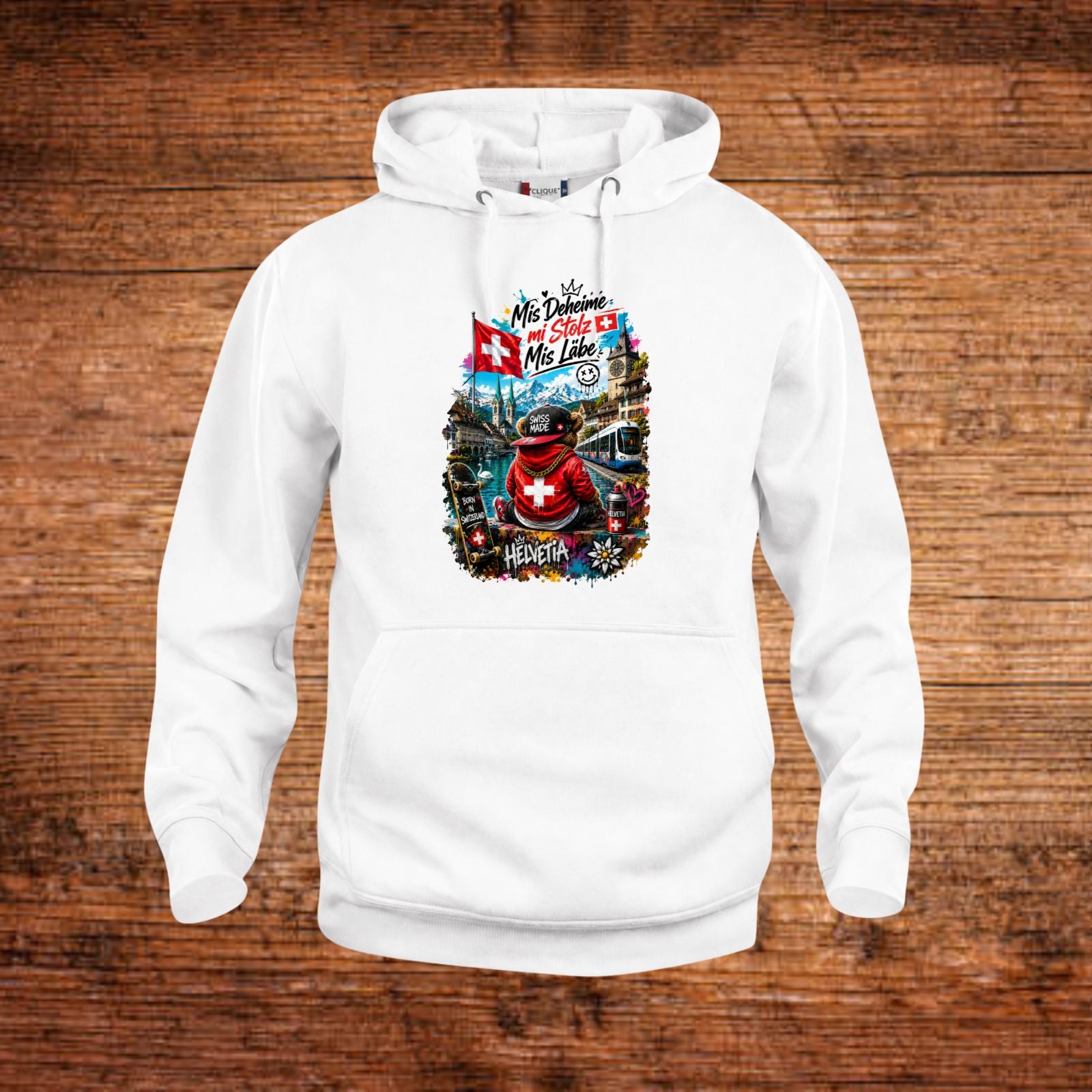 Weiße Hoodie-Kapuzenjacke mit Frontprint und Kängurutasche