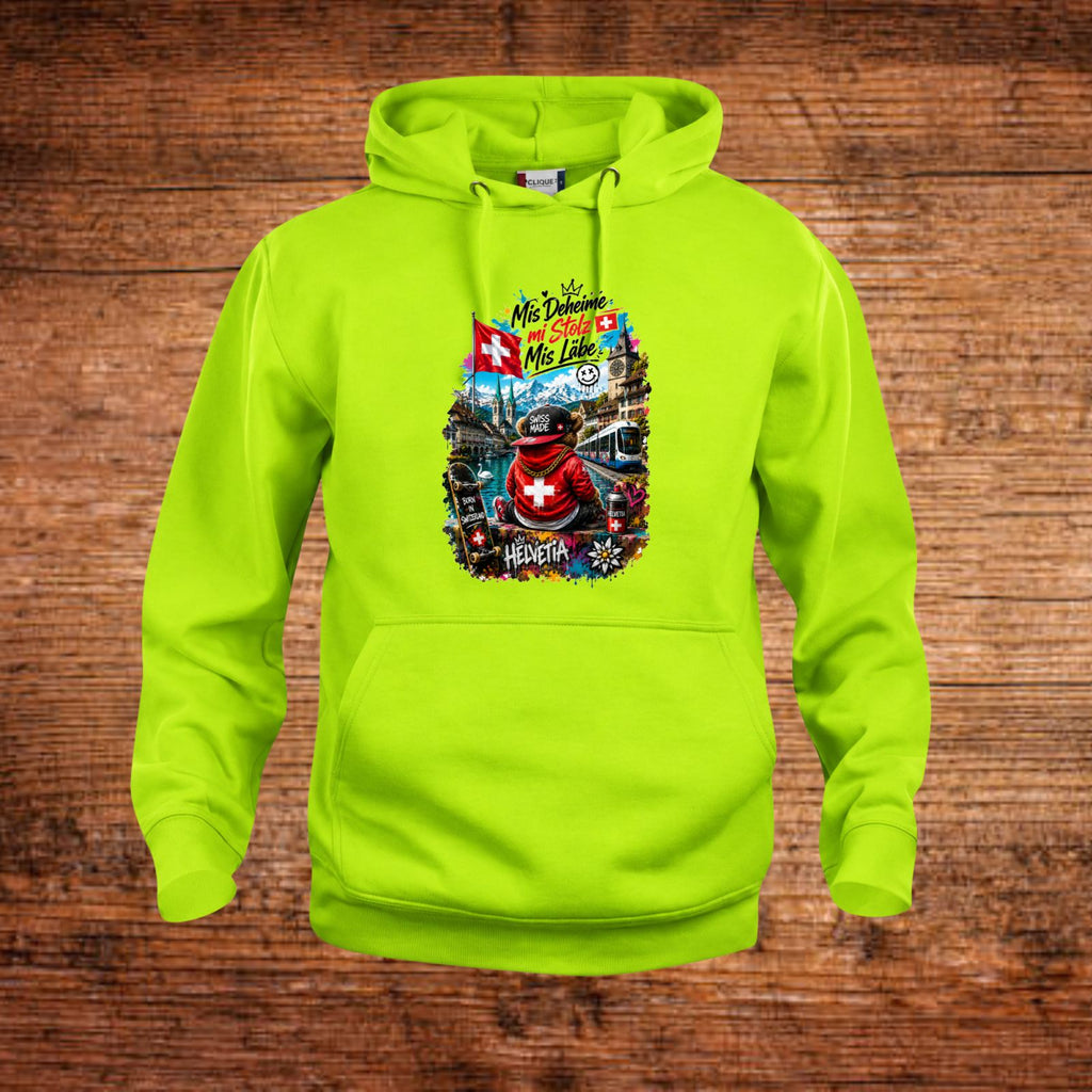 Neongrüner Kapuzen-Hoodie mit Kordeln, großem Frontprint und Kängurutasche