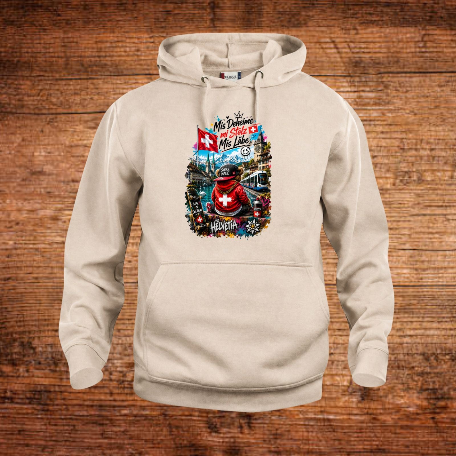 Beige Hoodie-Kapuzenjacke mit Frontprint und Kängurutasche