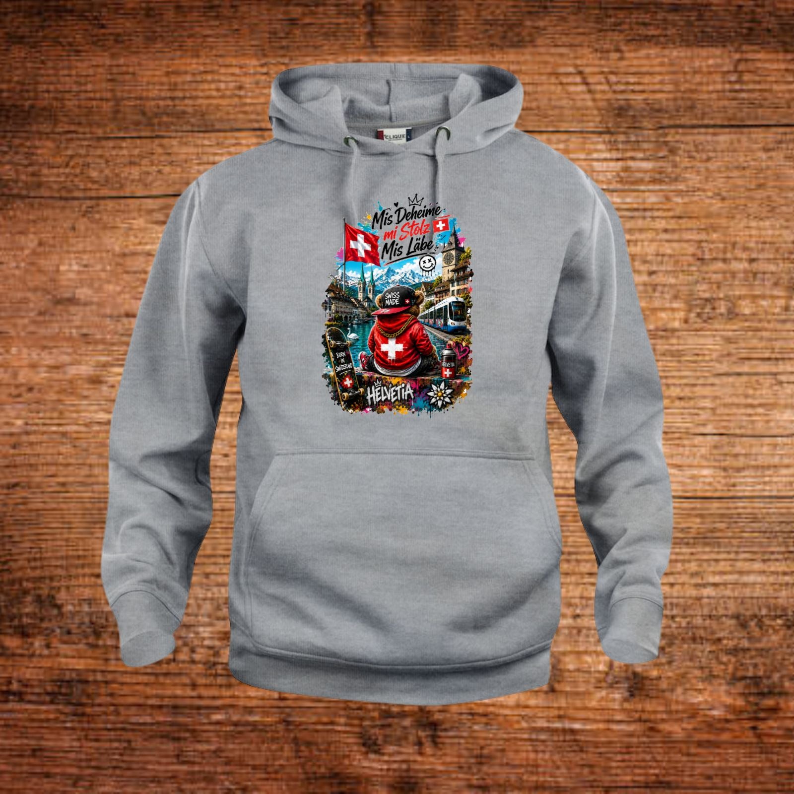 Graue Hoodie-Kapuzenjacke mit Frontprint und Kängurutasche