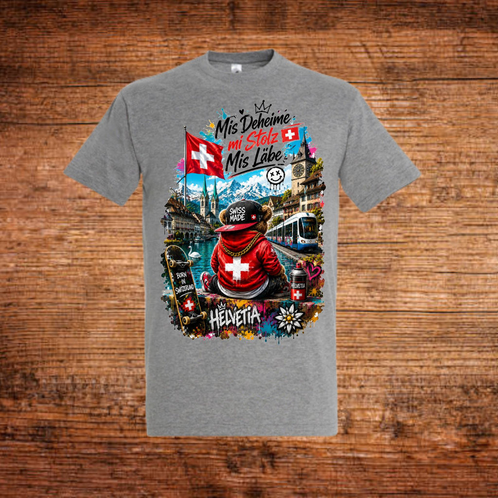 Graues T-Shirt mit Rundhalsausschnitt und großem Schweiz-Motivprint vorne