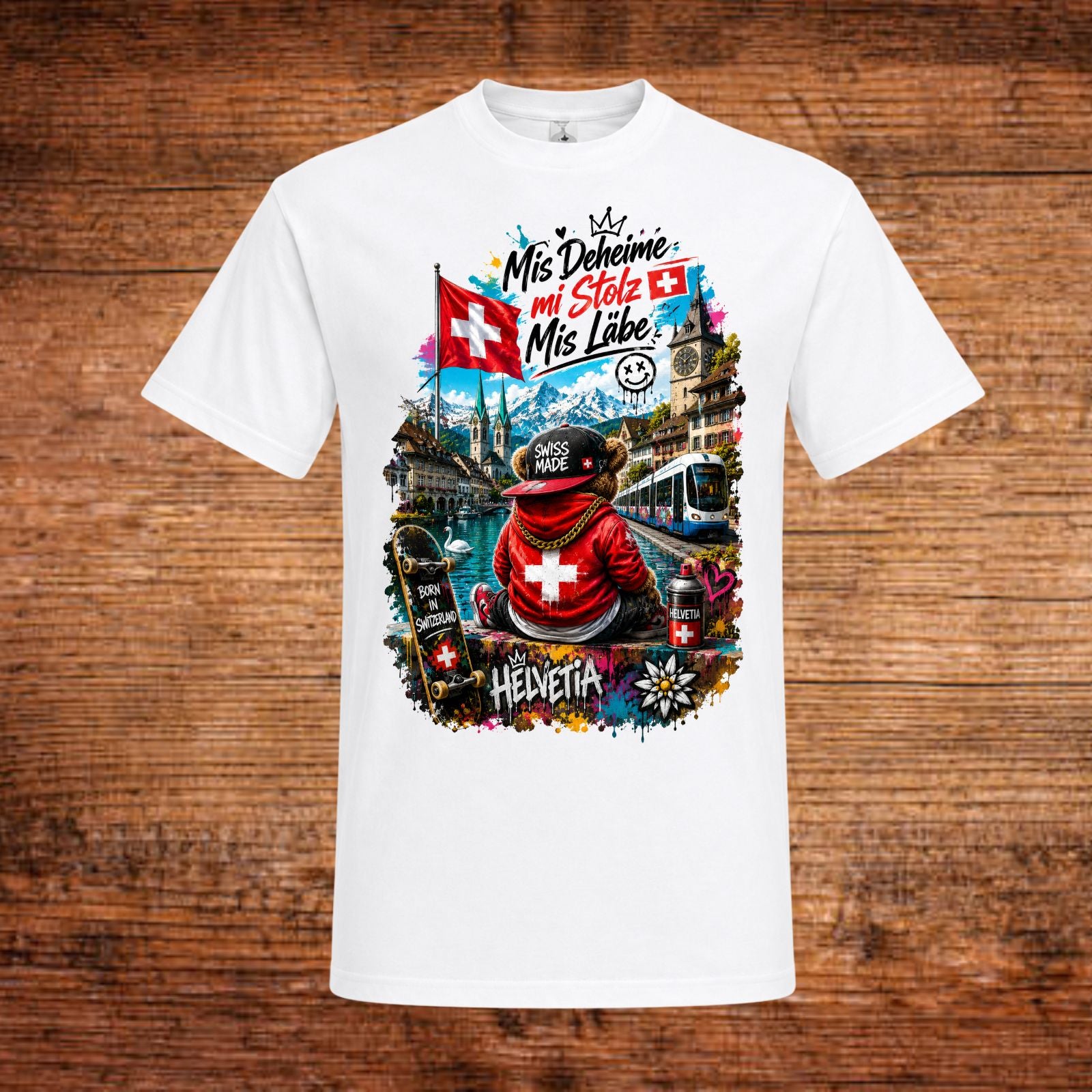 Weißes T-Shirt mit großem Frontmotiv und Schweizer Flaggen