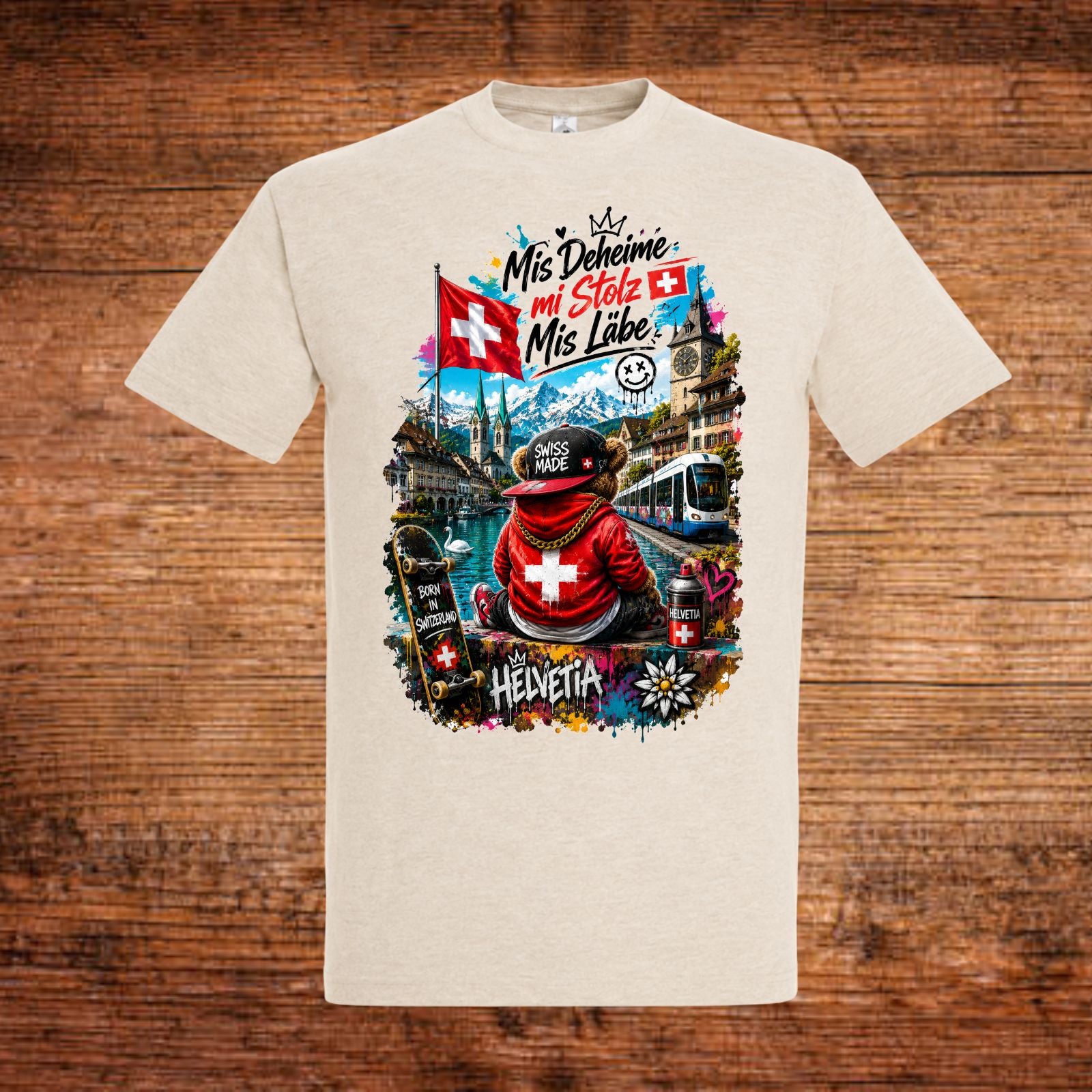 Beiges T-Shirt mit großem Frontmotiv und Schweizer Flaggen