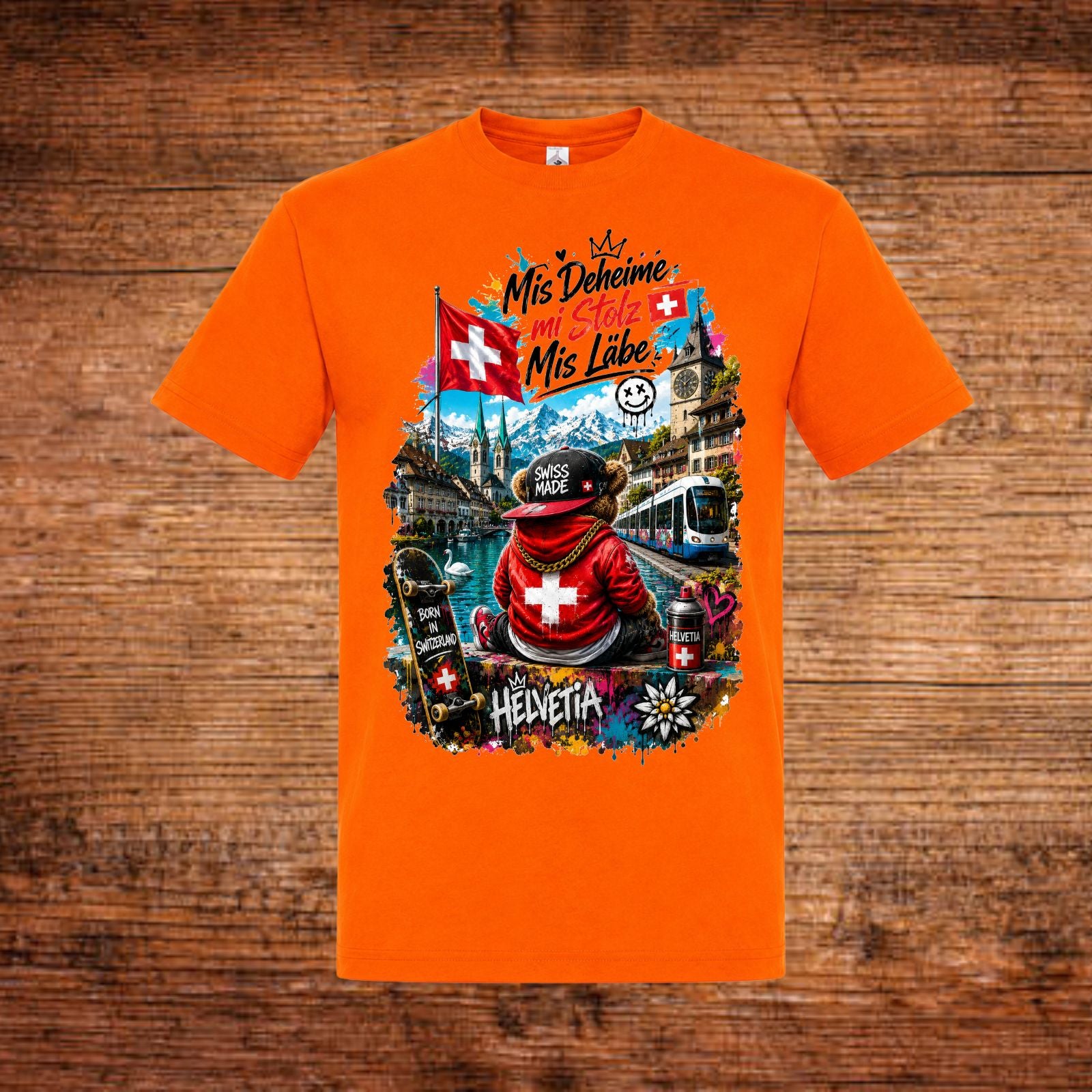 Orangenes T-Shirt mit großem Frontmotiv und Schweizer Flaggen