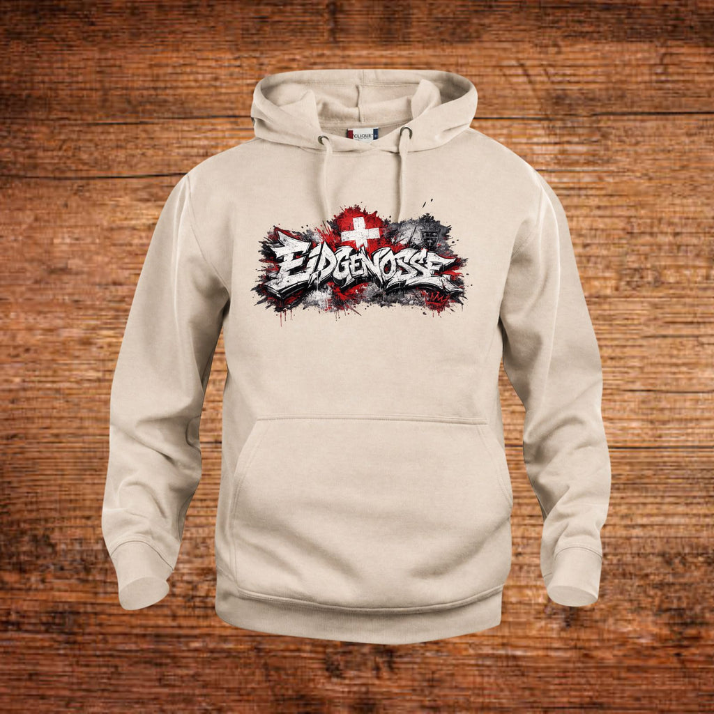 Beiger Kapuzenhoodie mit Kängurutasche und Frontprint in Rot und Schwarz