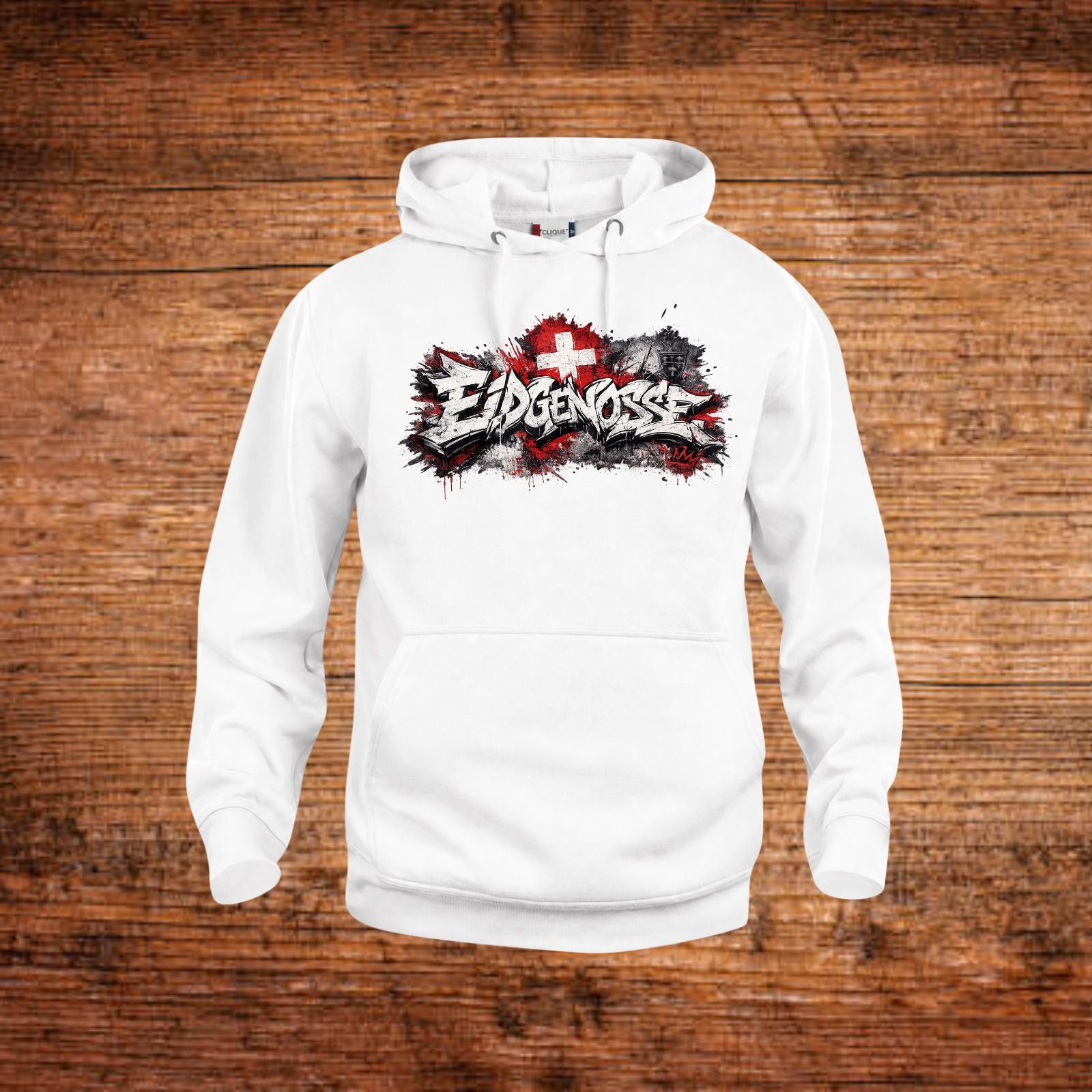 Weiße Hoodie mit Kapuze, Kängurutasche und Frontprint