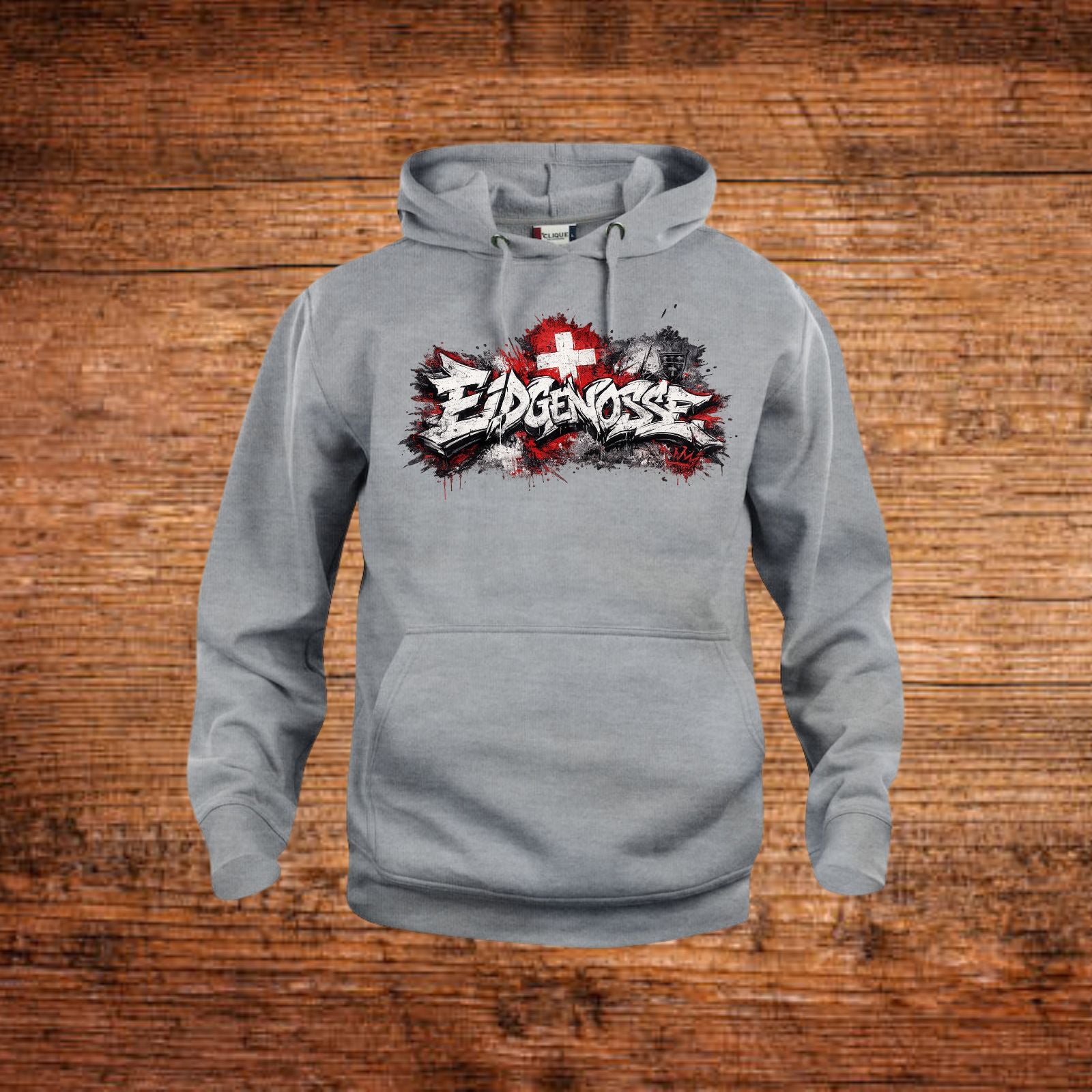 Grauer Hoodie mit Kapuze, Kängurutasche und Frontprint