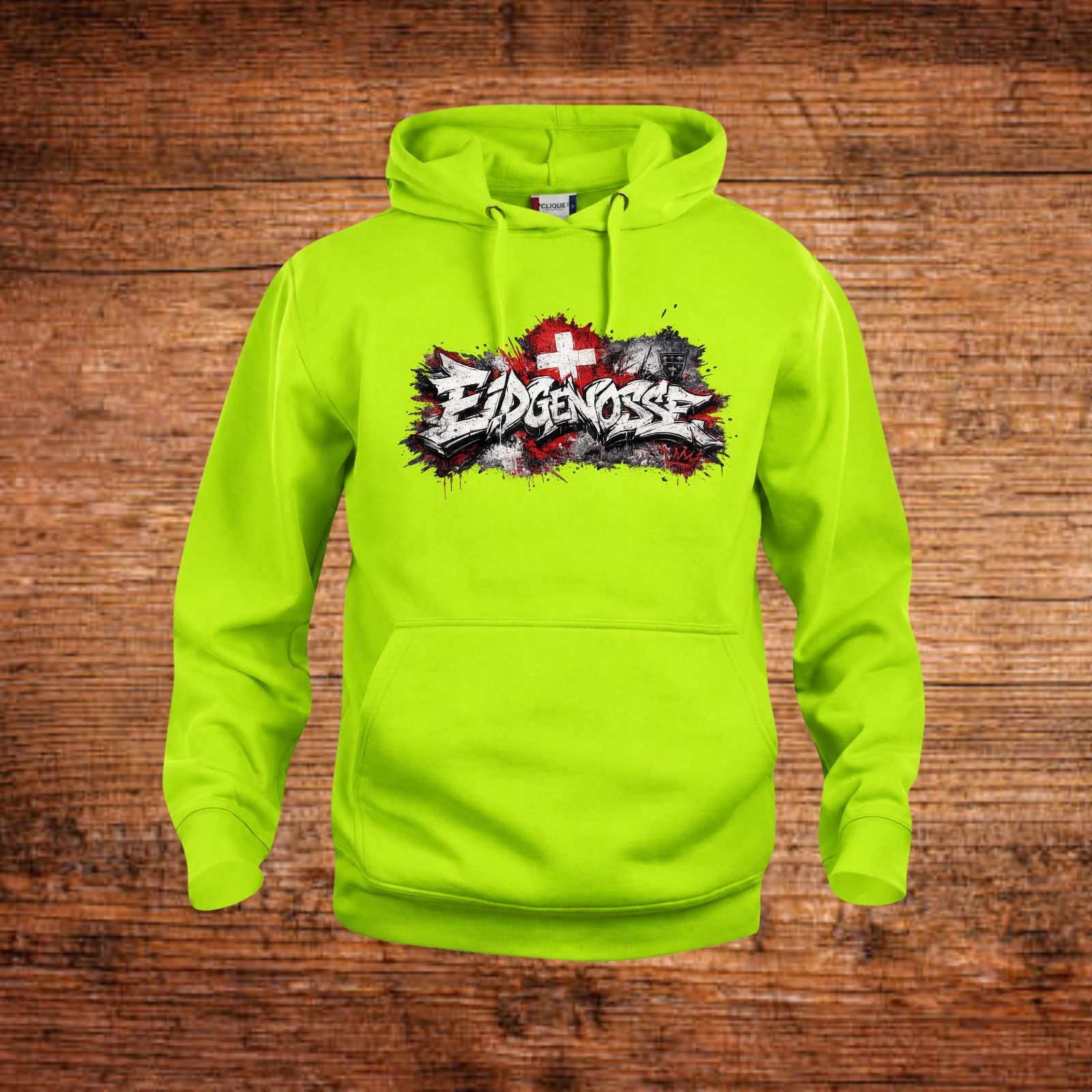 Neongrüner Hoodie mit Kapuze, Kängurutasche und Frontprint