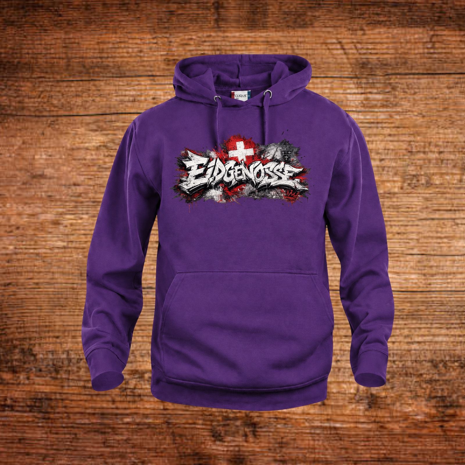Lila Hoodie mit Kapuze, Kängurutasche und Frontprint