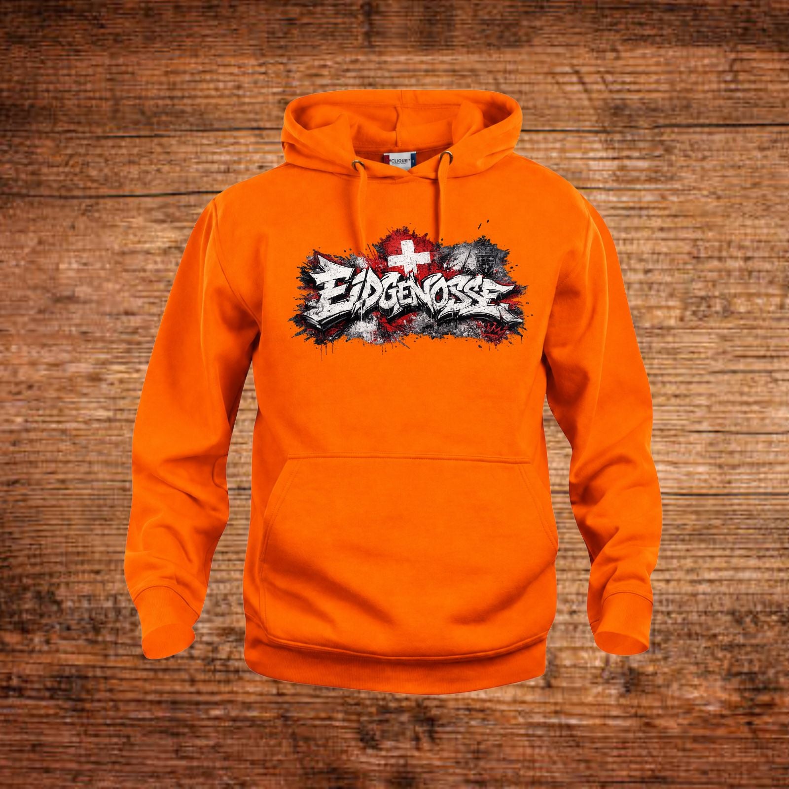 Oranger Hoodie mit Kapuze, Kängurutasche und Frontprint