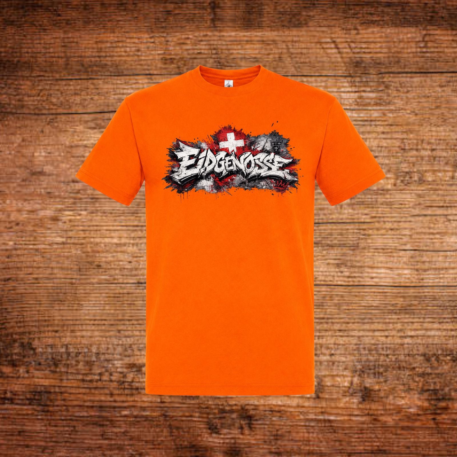 Oranges T-Shirt mit Brustdruck und Grafik mit Schweizer Kreuz