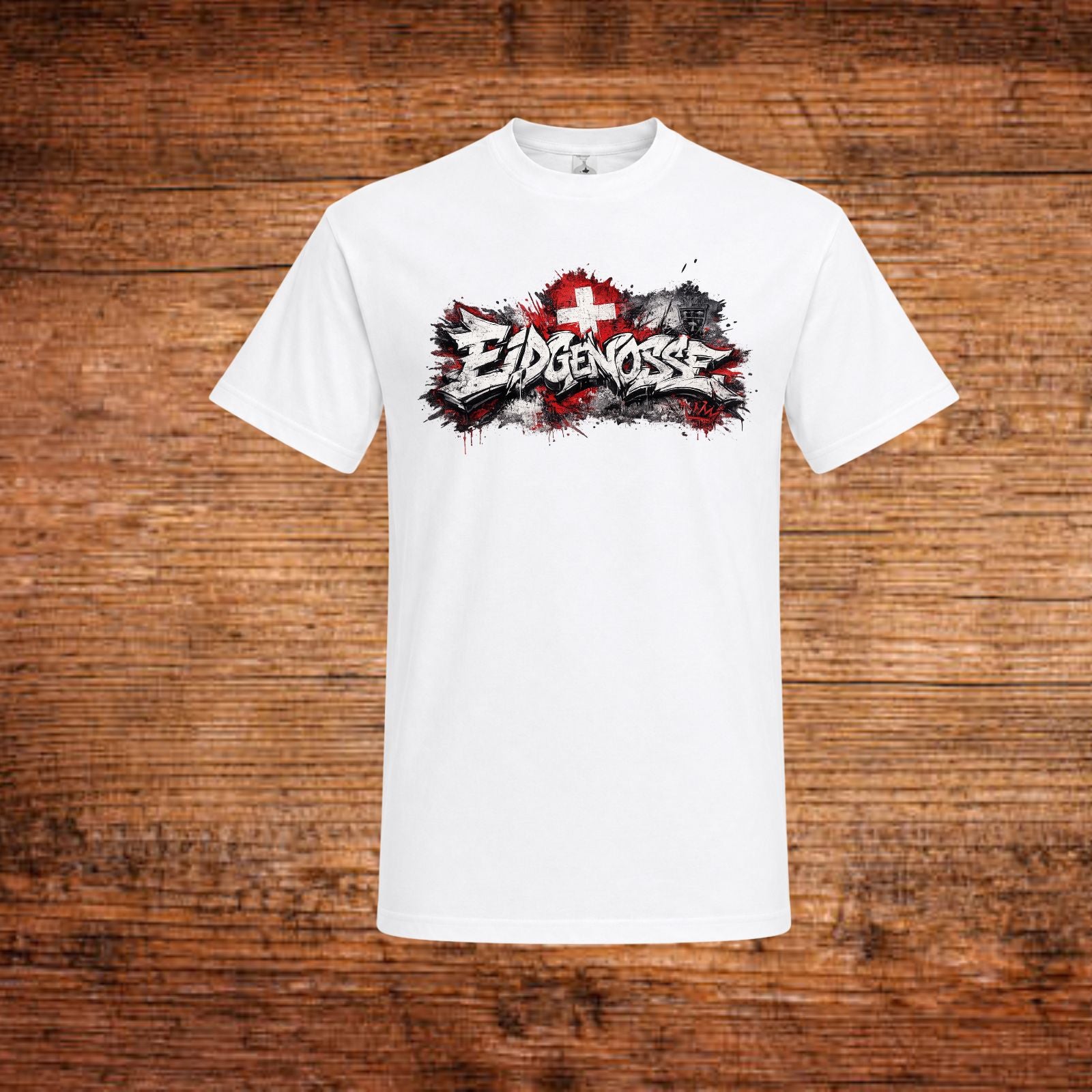 Weißes T-Shirt mit Brustdruck und Grafik mit Schweizer Kreuz