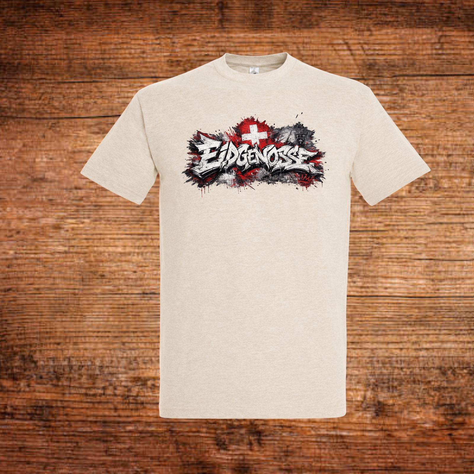 Beiges T-Shirt mit Brustdruck und Grafik mit Schweizer Kreuz