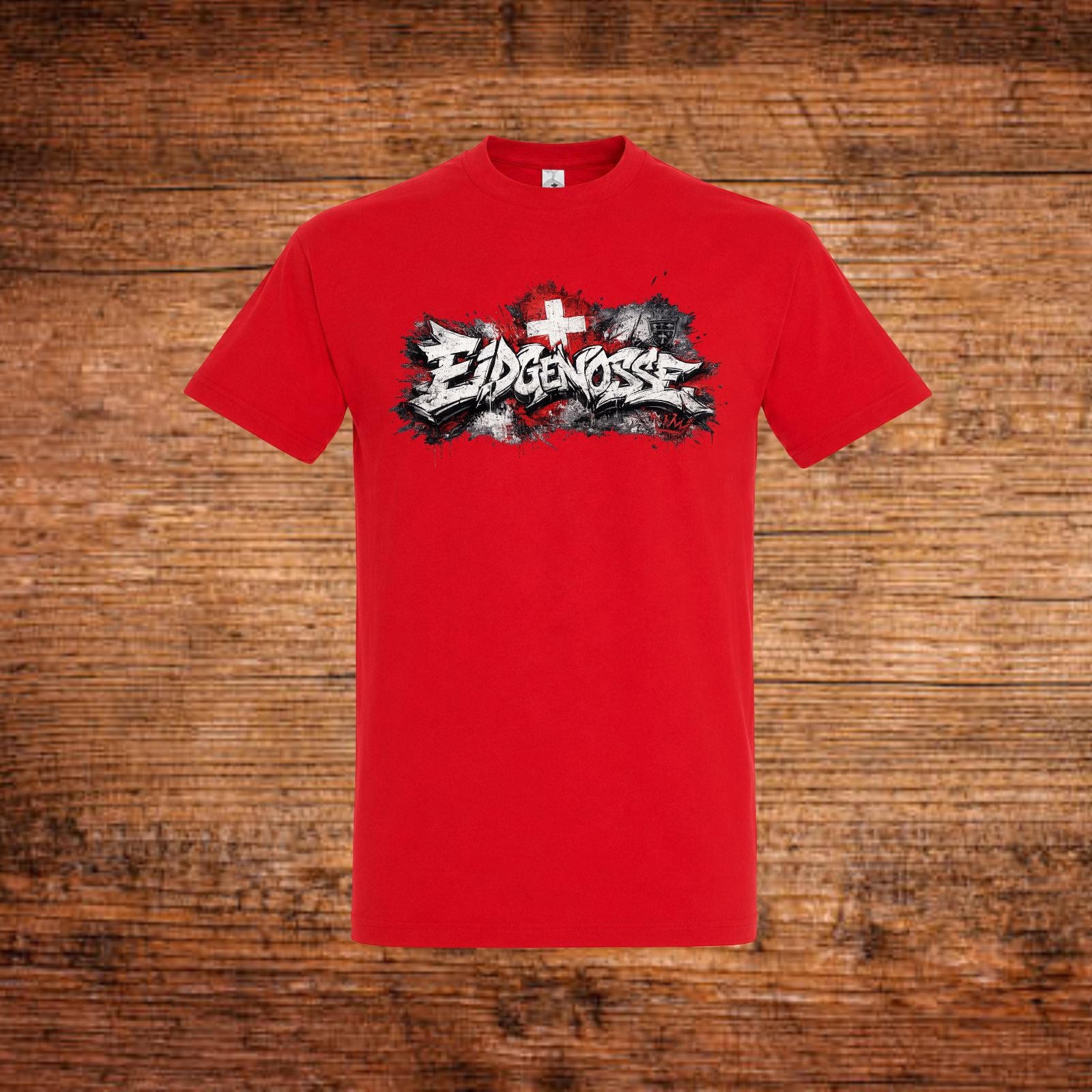 Rotes T-Shirt mit Brustdruck und Grafik mit Schweizer Kreuz