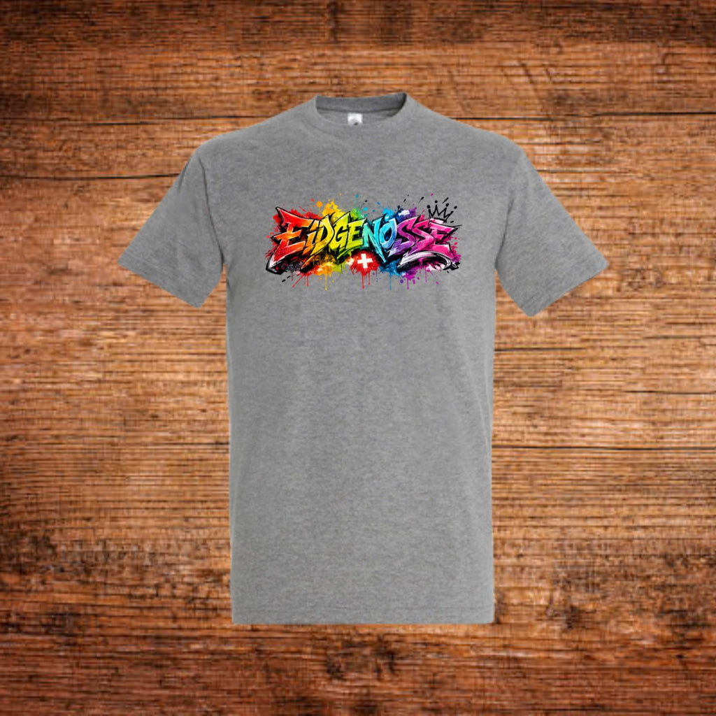Graues T-Shirt mit Graffiti-Frontprint und Rundhalsausschnitt