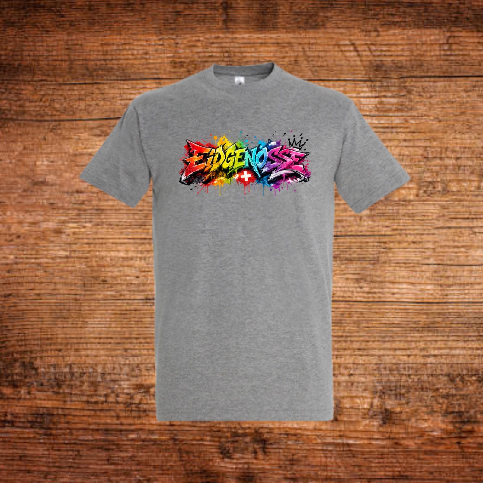 Graues T-Shirt mit Graffiti-Frontprint und Rundhalsausschnitt