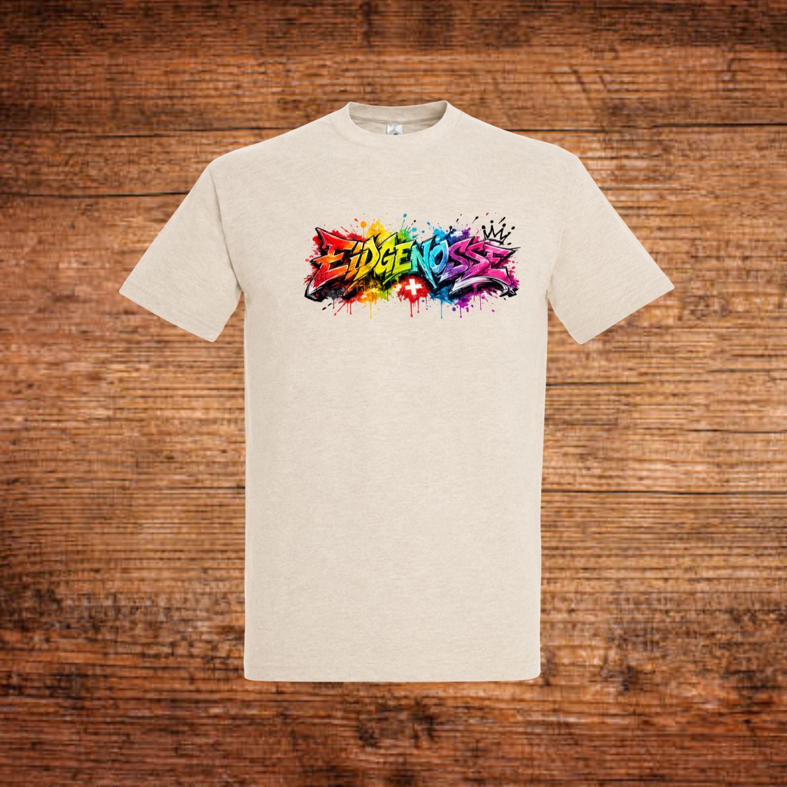 Beiges T-Shirt mit buntem Graffiti-Logo vorn