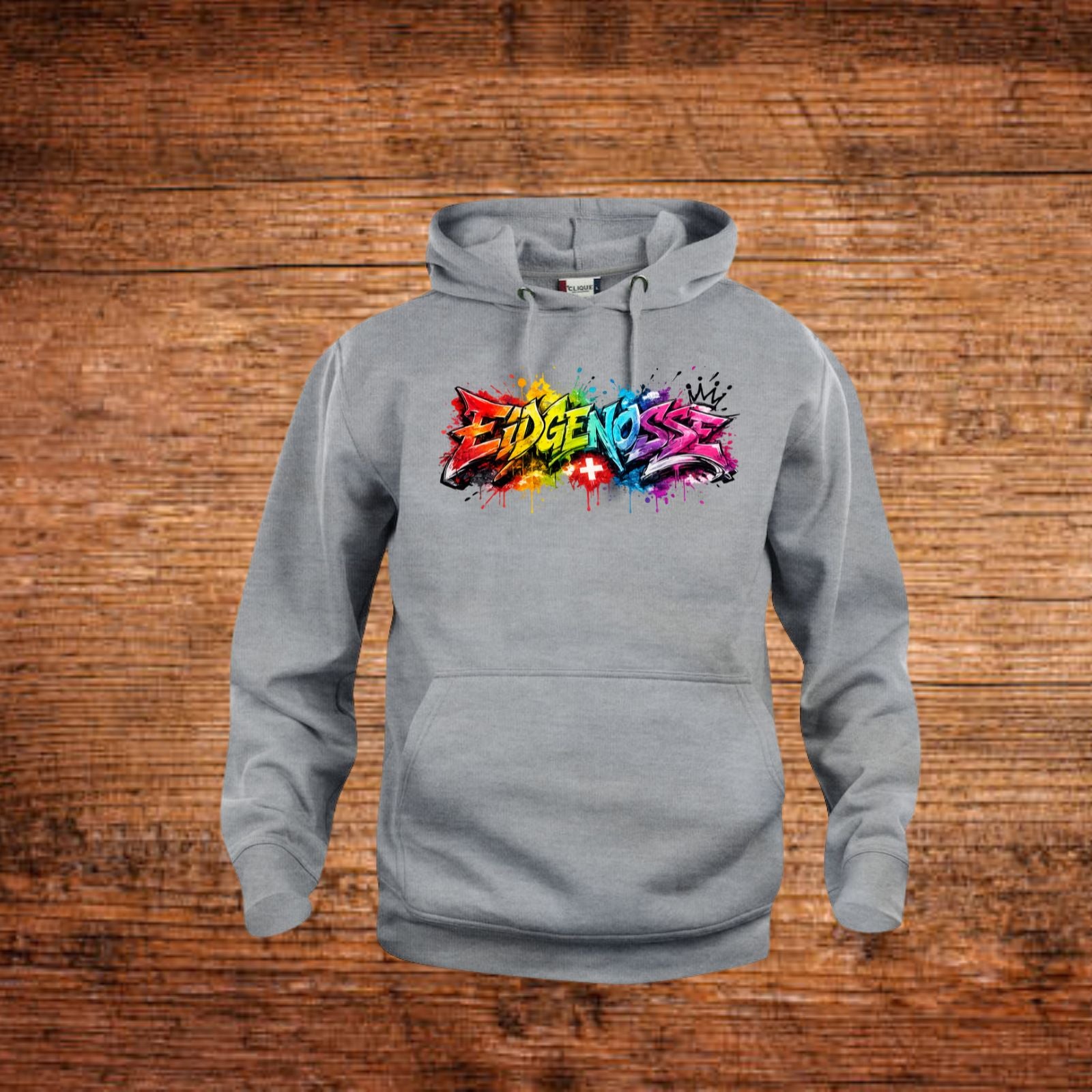 Grauer Kapuzenpullover mit Frontprint aus buntem Graffiti und Kordelzug-Kapuze