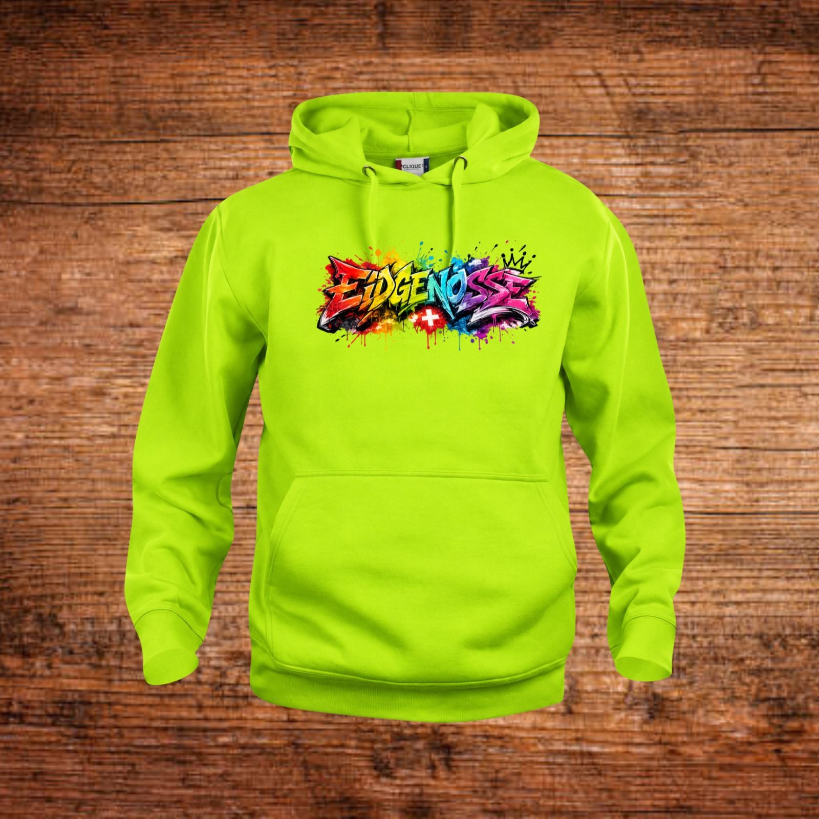 Neon-grüner Hoodie mit Kapuze und Kängurutasche, bunter Graffiti-Print auf der Brust.