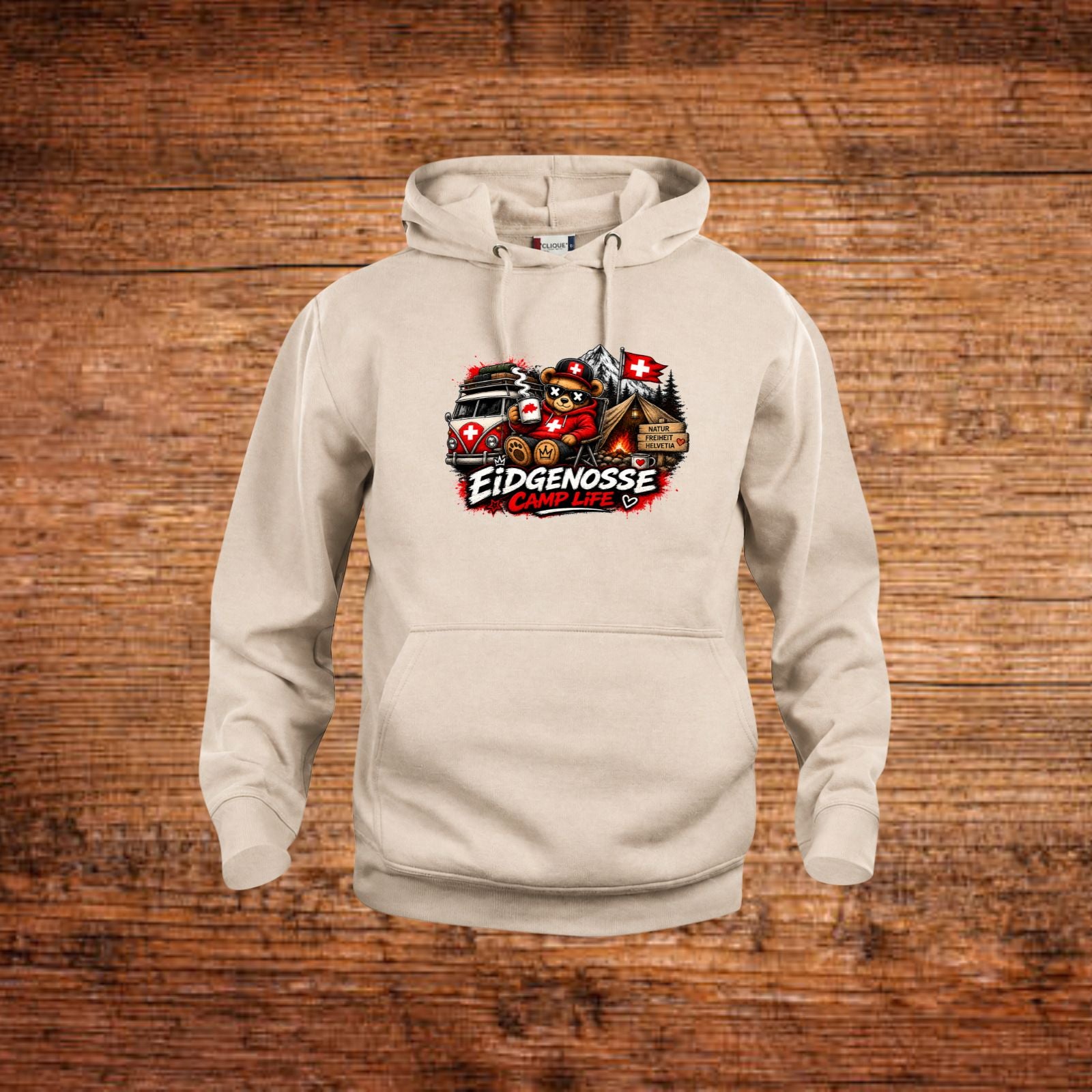Beiger Hoodie mit Frontgrafik, Kordelzugkapuze und Kängurutasche