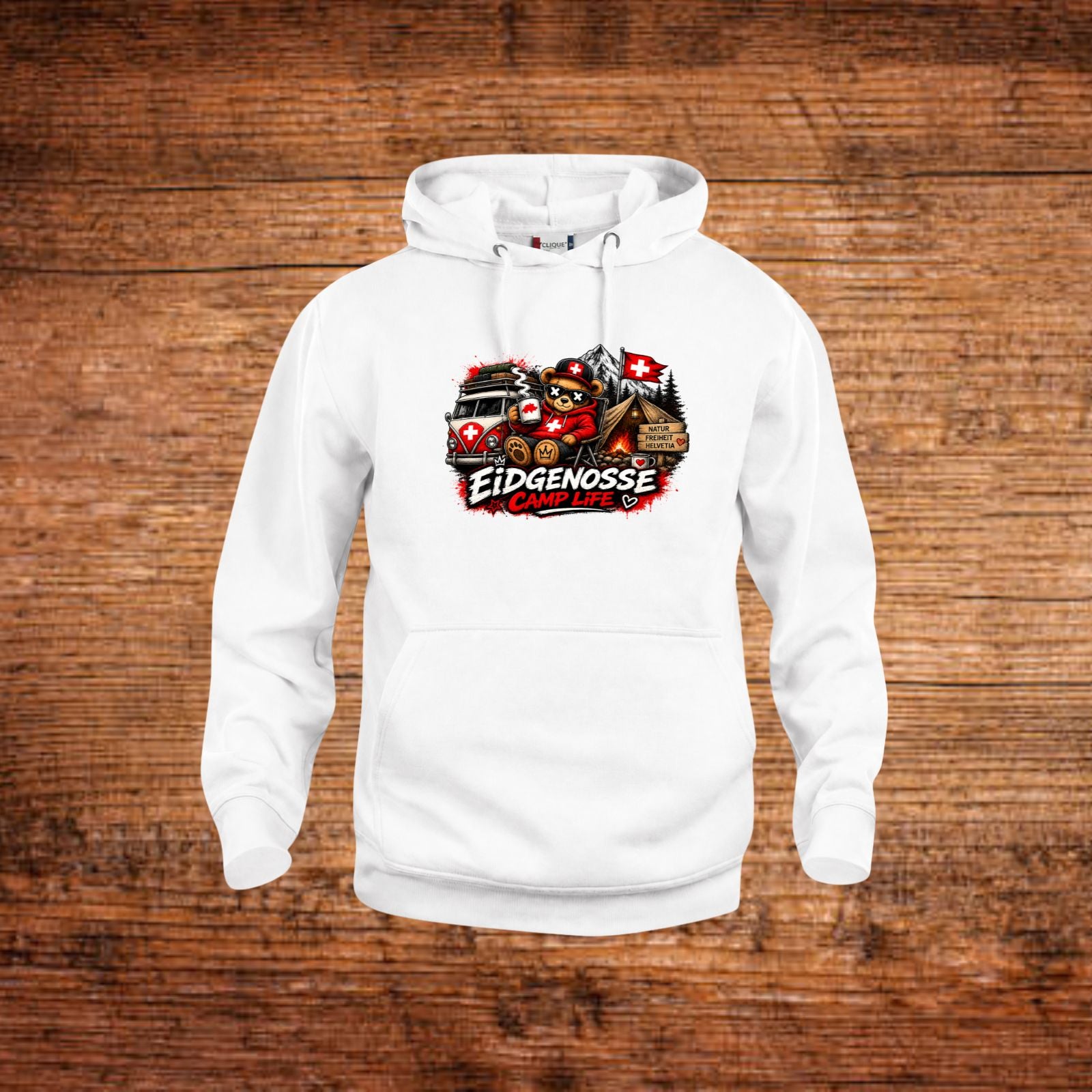 Weißer Hoodie mit Kapuze, Kängurutasche und großem Brustprint
