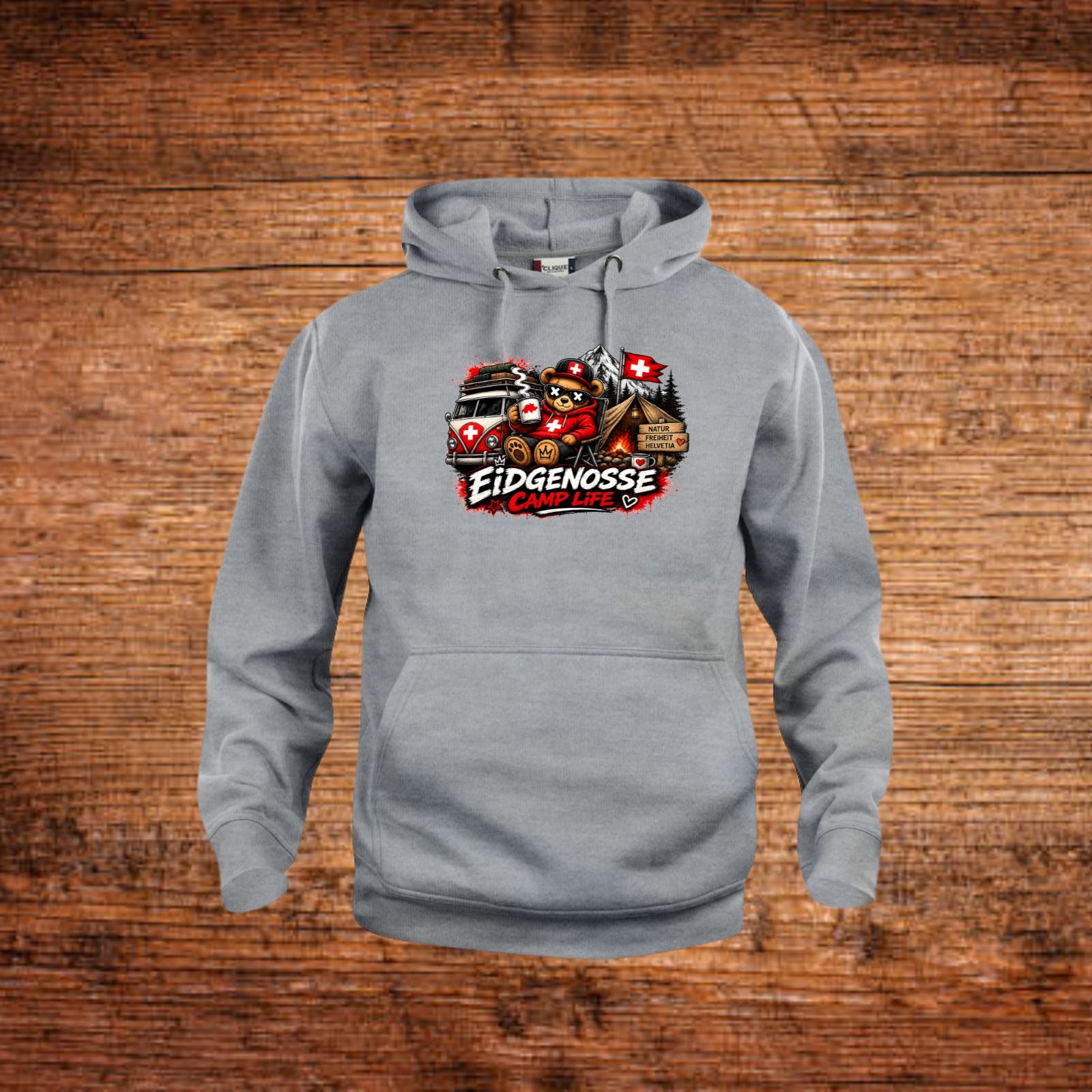 Grauer Hoodie mit Kapuze, Kängurutasche und großem Brustprint