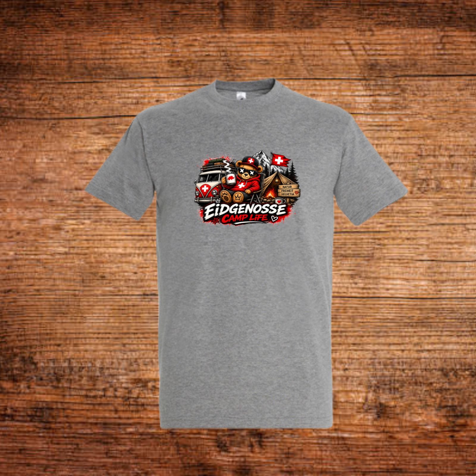 Graues T-Shirt mit Frontprint und Rundhalsausschnitt